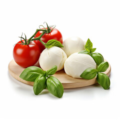 Mozzarella cheese balls, cherry tomatoes and green fresh organic basil isolated on white, ai technology