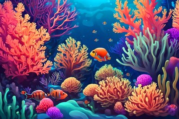 Fototapeta na wymiar coral reef with fish deep in the water