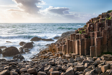 Evening seaside landscape at Giants Causeway in Northern Ireland. Copy space in sky. - 640112309