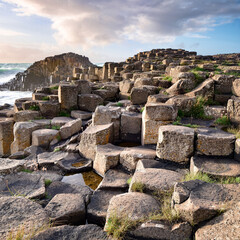 Close up view to stone formations at Giants Causeway in evening, Northern Ireland. - 640112560
