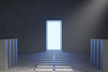 3d render, blue pink violet neon abstract background, ultraviolet light, night club empty room interior, tunnel or corridor, glowing panels, fashion podium, performance stage decorations,