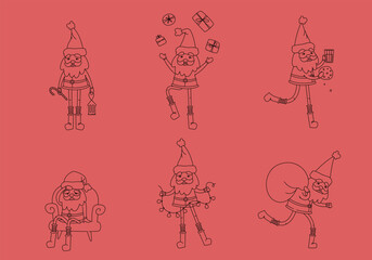Cute Santa Claus in different poses. Christmas character in outline style.