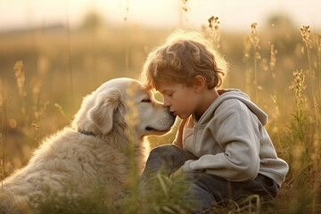 A Little boy kisses the dog in the field in summer day. Friendship, care, happiness, Cute child with doggy pet portrait at nature in the morning. Generative Ai - obrazy, fototapety, plakaty