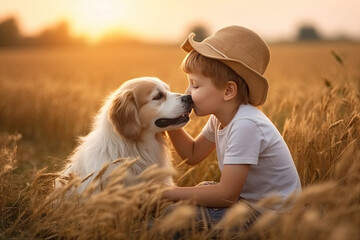 A Little boy kisses the dog in the field in summer day. Friendship, care, happiness, Cute child with doggy pet portrait at nature in the morning. Generative Ai