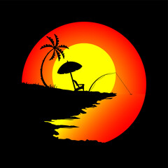 vector landscape with silhouettes of fishing on the beach, coconut trees, beach, sunset, sunrise