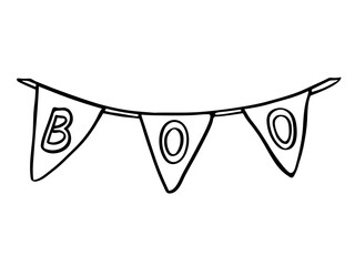 Bunting flags garland with text BOO, outline clipart isolated on white. Black line drawing sketch in doodle style. Vector picture for Halloween celebration or party illustration, holiday design.