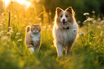 Cheerful of furry friends cat and dog walking in a summer meadow. Generative Ai