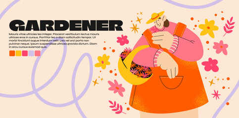 Cartoon character girl gardener, farmer, retro poster. Garden, farm and agriculture. Hobby gardener, flowers, plants