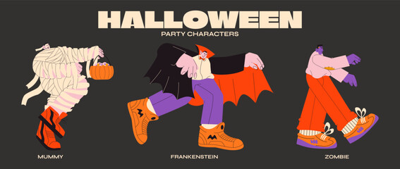 Halloween cartoon characters in 90s groovy style.Mummy, dracula, zombie. party costumes, retro horror scary mascots