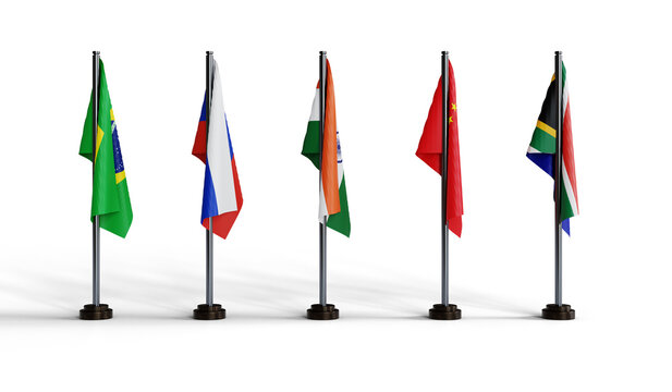 Flags of BRICS, is an acronym for Brazil, Russia, India, China and South Africa, 3d Render