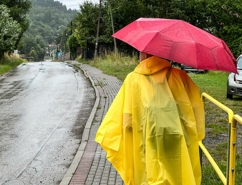 Returning from a mountain walk in the rain under a cape and an umbrella