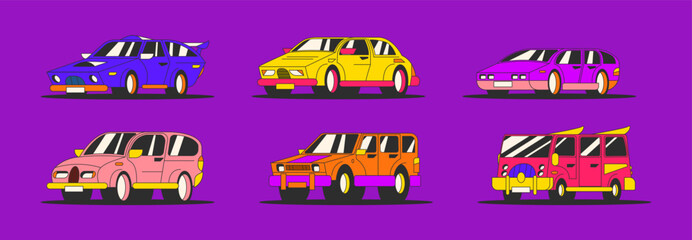 Cartoon retro cars. Vehicles, automobile design, bright groovy stickers. Urban transport concept