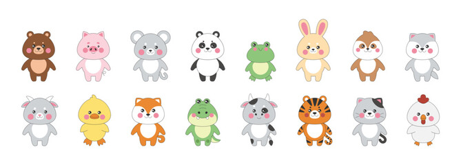 Obraz premium Cute animals. Kawaii characters. Funny bear and dog with happy faces. Tiger or baby cat. Sweet panda. Isolated frog and goat. Rabbit and cow. Zoo elements set. Vector cartoon tidy design