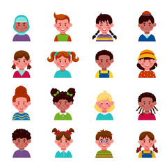 Children avatars. Cartoon kids heads. Islam characters. African or Asian little people. Different nationality. Hats and hairstyles. Smiling boys and girls. Vector flat tidy babies faces set