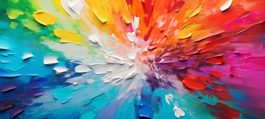 Deurstickers Closeup of abstract rough colorful bold rainbow colors explosion painting texture, with oil brushstroke, pallet knife paint on canvas - Art background illustration © Corri Seizinger