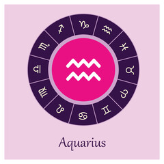Aquarius sign . Vector illustration. Aquarius zodiac sign symbole on purple background horoscope astrology. Zodiac sign. Astrological calendar. Zodiacal color vector horoscope. Line