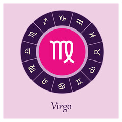 Virgo sign . Vector illustration. Virgo zodiac sign symbole on purple background horoscope astrology. Zodiac sign. Astrological calendar. Zodiacal color vector horoscope. Line