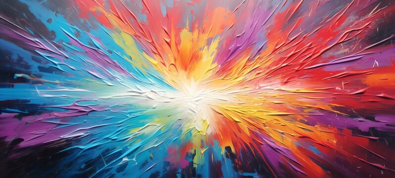 Closeup of abstract rough colorful bold rainbow colors explosion painting texture, with oil brushstroke, pallet knife paint on canvas - Art background illustration