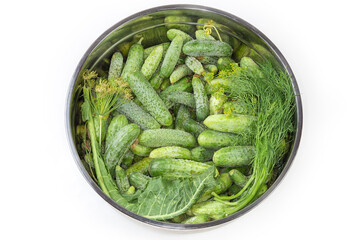 Freshly harvested cucumbers, greens in stainless steel bowl, top view