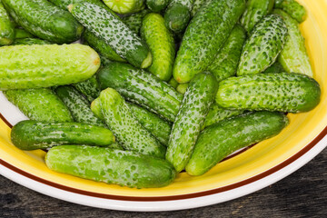Washed cucumbers and gherkins on dish on black surface, fragment