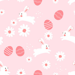 Seamless pattern with Easter bunny rabbit cartoons, eggs and daisy flower on pink background vector illustration.
