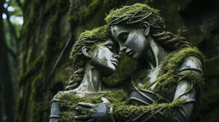 Stone statues embracing overgrown stories | generative ai