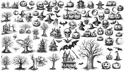 arge collection icons silhouettes of Halloween characters. Hand drawn vector illustration, Halloween decoration design elements collection. Festive pumpkins with grinning face, headstone, ghost, bat