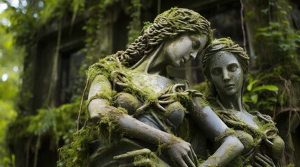 Fototapeta na wymiar Stone statues embracing overgrown stories | generative ai