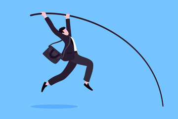 Businessman jumps pole vault flat style design vector illustration business concept. Business growth and goal achievement concept. - obrazy, fototapety, plakaty