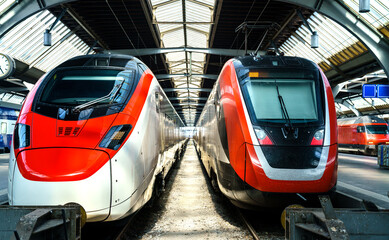 Modern passenger trains at Zurich Main Station in Switzerland