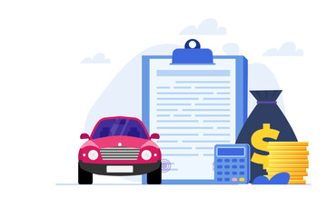 Buying new automobile on credit, car credit or loan, auto finance concept. Vector illustration. - obrazy, fototapety, plakaty