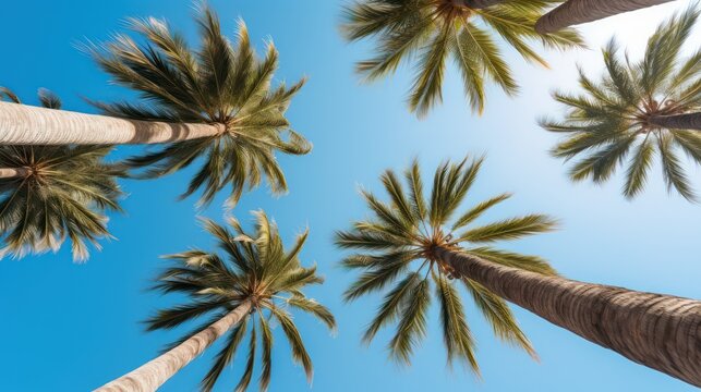Palm trees from the bottom view on the bright sky 