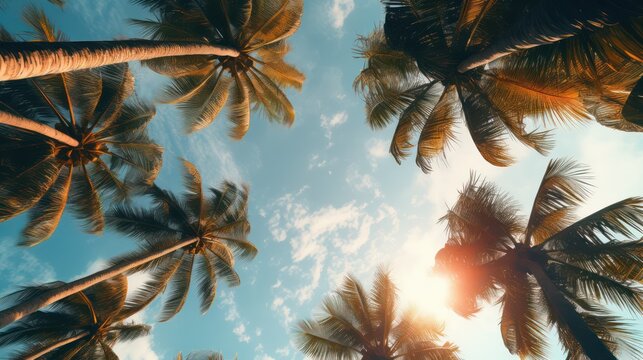 Palm trees from the bottom view on the bright sky © Tirtonirmolo