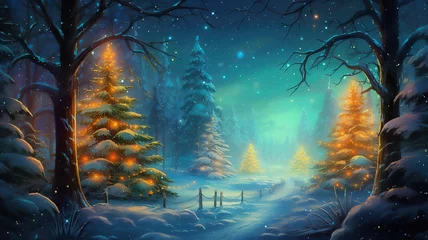 Afwasbaar fotobehang christmas landscape with Christmas trees decorated with garlands, Christmas card © DariaS