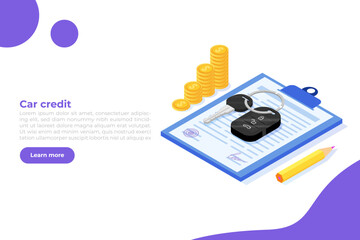 Buying new automobile on credit, car credit or loan, auto finance concept. Vector illustration.