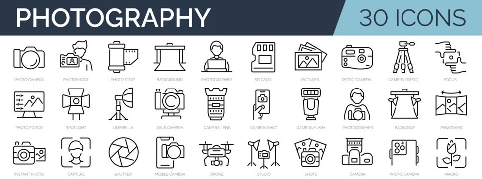 Set of 30 outline icons related to photography. Linear icon collection. Editable stroke. Vector illustration