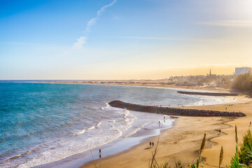 The Canary Islands Ideas. Sunset Scenic  View of Playa del Ingles Beach in Maspalomas With Sand...