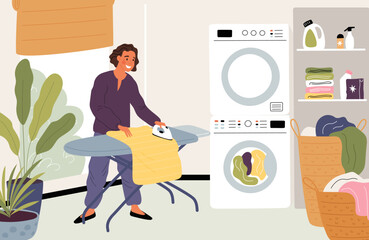 Cartoon woman irons clothes at home. People take care of textiles. Household chores. Laundry baskets. Housewife smoothing out creases. Washing machine. Garish vector housekeeping concept