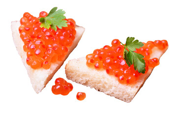 Sandwich with red caviar isolated