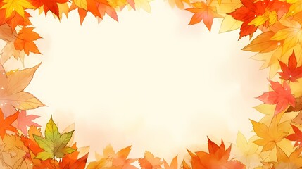 紅葉の背景イラスト、赤やオレンジ色のカエデの秋の水彩フレーム