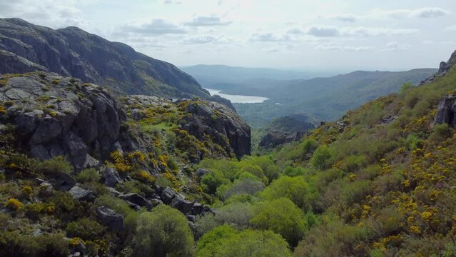Aerial dolly, sierra de cardenas to sanabria lake, cloudy day zamora spain