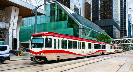 Light rail rapid transit tram in downtown Calgary - Alberta, Canada