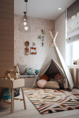 Boho style interior of children room in a house.