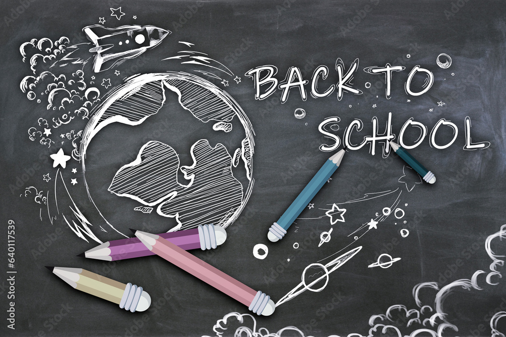 Poster creative back to school sketch with pencils and rocket on blackboard wall texture. education and kno