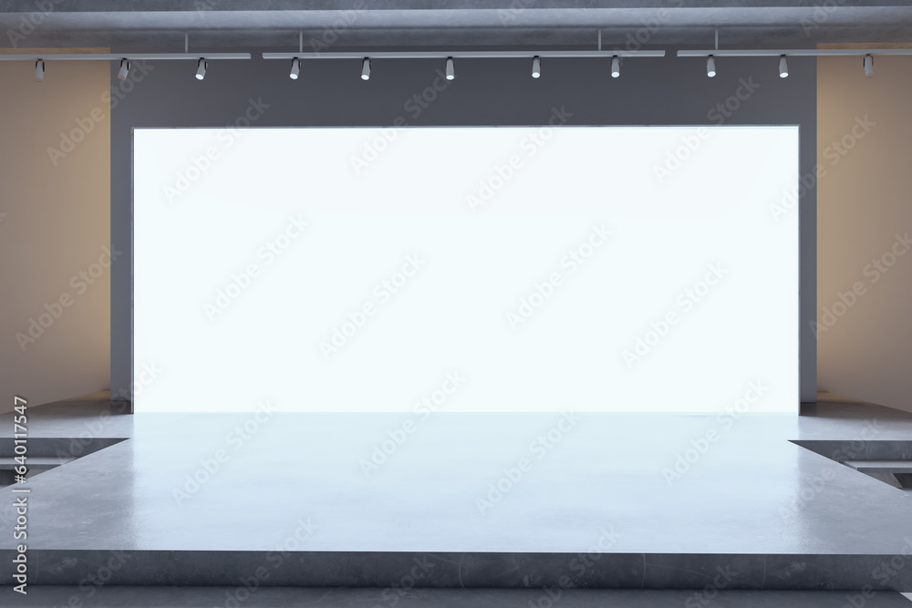 Poster contemporary luxury auditorium with stage and blank white mock up screen. 3d rendering.