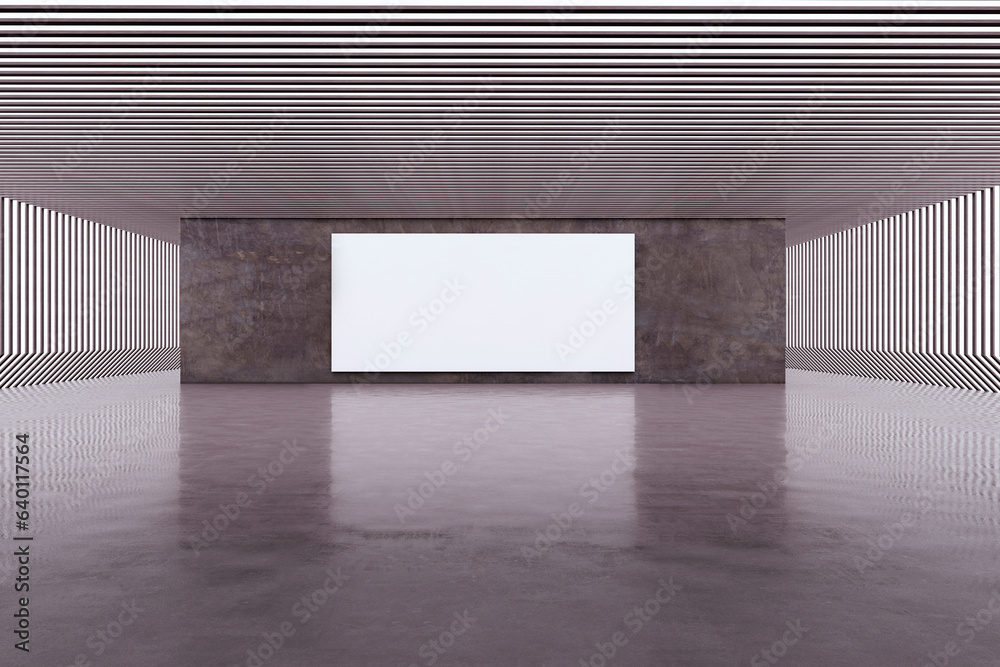 Poster modern spacious concrete room with white mock up frame on wall. exhibition hall. 3d rendering.