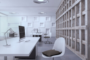 Simple designer office interior with furniture and equipment. 3D Rendering.