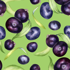 Acai berries and palm leaves watercolor seamless pattern isolated on green. Exotic amazon small purple berries, tropical fruit hand drawn. Design for packaging, textile, wrapping, background, paper