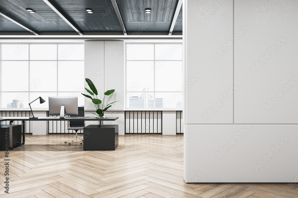 Aufkleber modern coworking office interior with empty mock up place on wall, wooden flooring and window with c