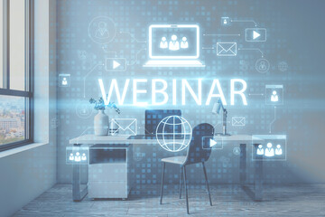 Modern office interior with creative webinar hologram on blurry background. Online meeting and seminar concept. Double exposure.